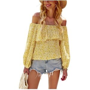 [Hibluco] Yellow Floral Off The Shoulder Puff Sleeve Shirt